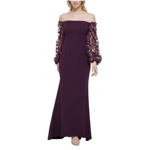 Eliza J Off the Shoulder 3D Floral Sleeve Evening Dress Plum Size 10 NWT